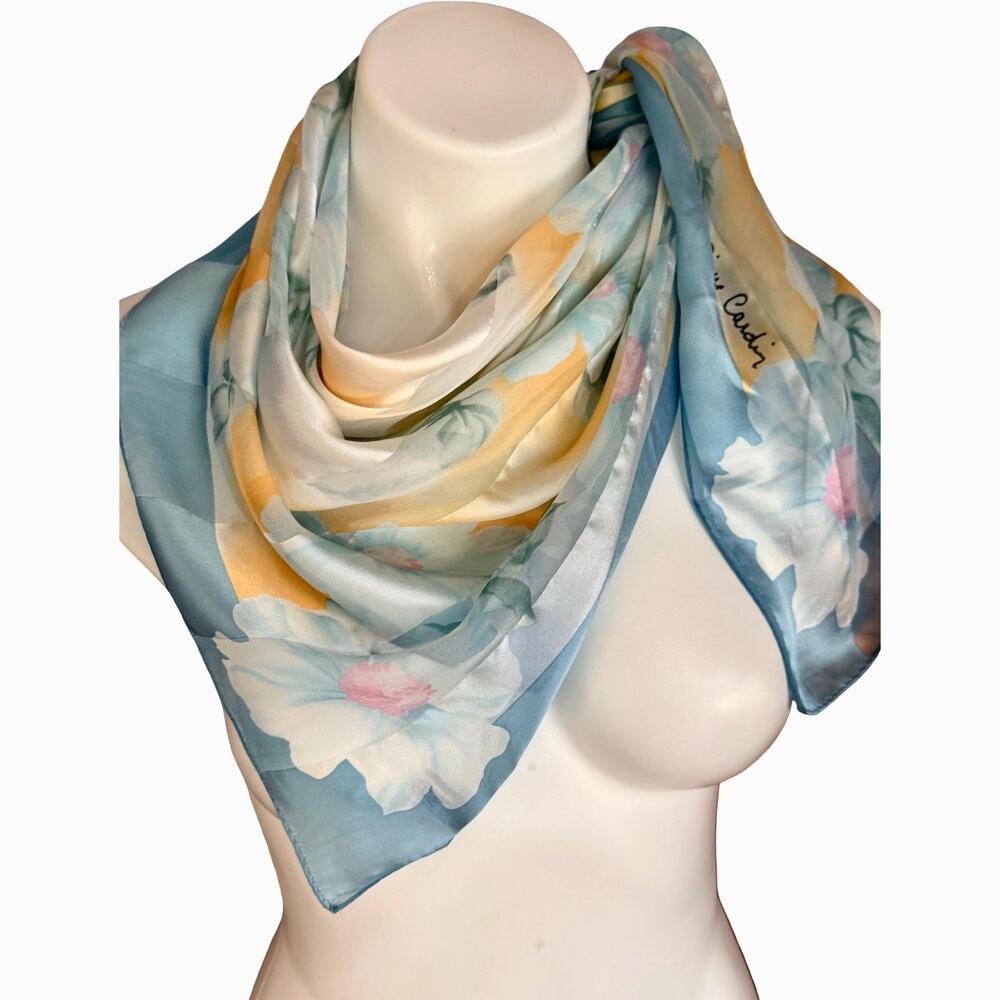 Vintage Pierre Cardin Paris Silk Scarf 34” Watercolor Floral Blue Yellow 1980s - Picture 4 of 10